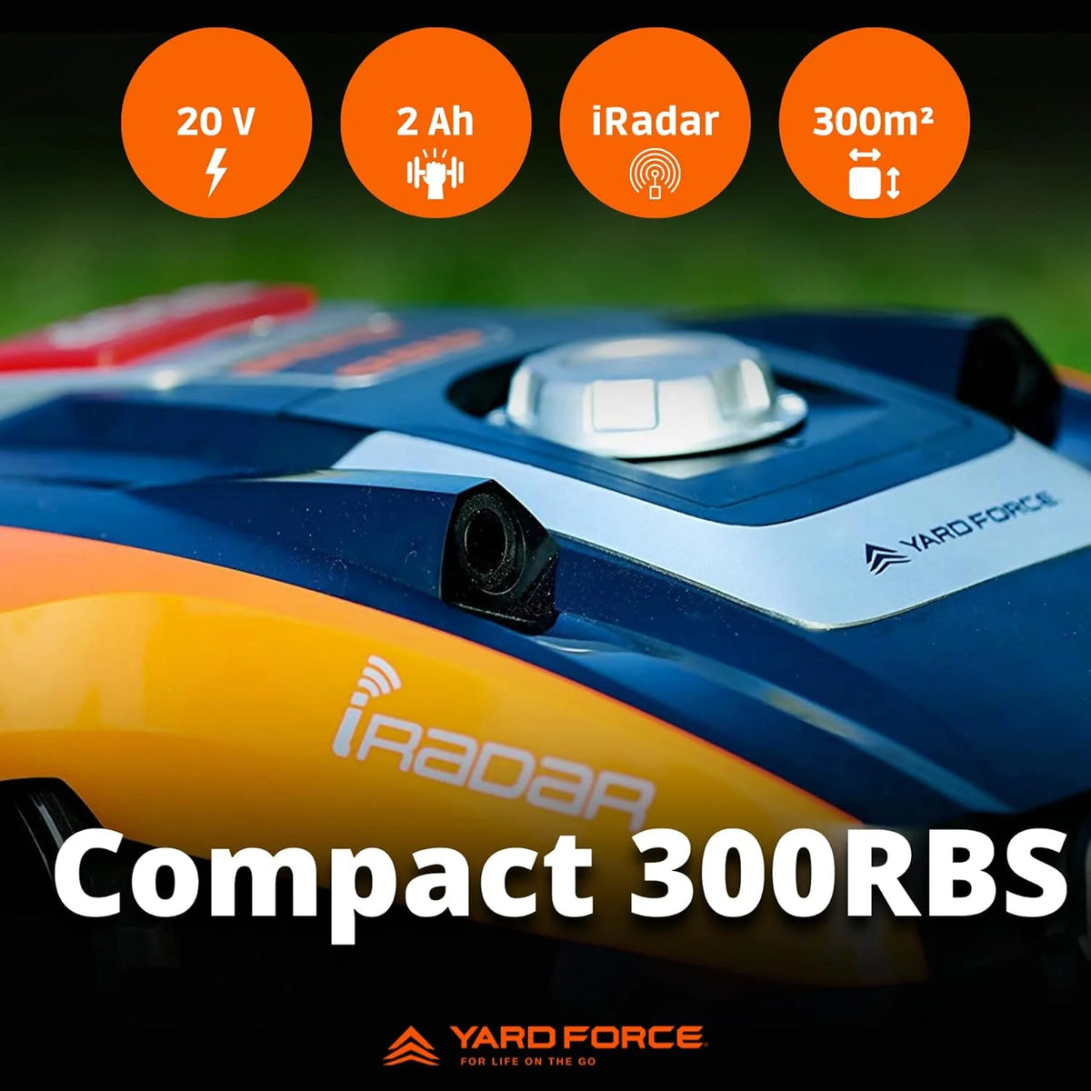 Yard Force Force Compact 300RBS Robot koszący do 300 m² ze sterowaniem Bluetooth i aplikacją, silnik bezszczotkowy, akumulator 20 V/2,0 Ah, czarno-pomarańczowy