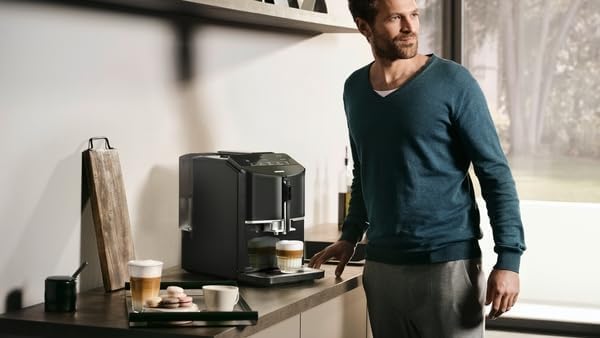 Siemens EQ300 TF301E19 automatyczny ekspres do kawy, spieniacz do mleka, ceramiczny mechanizm mielący, funkcja OneTouch, 1300 W, kolor czarny