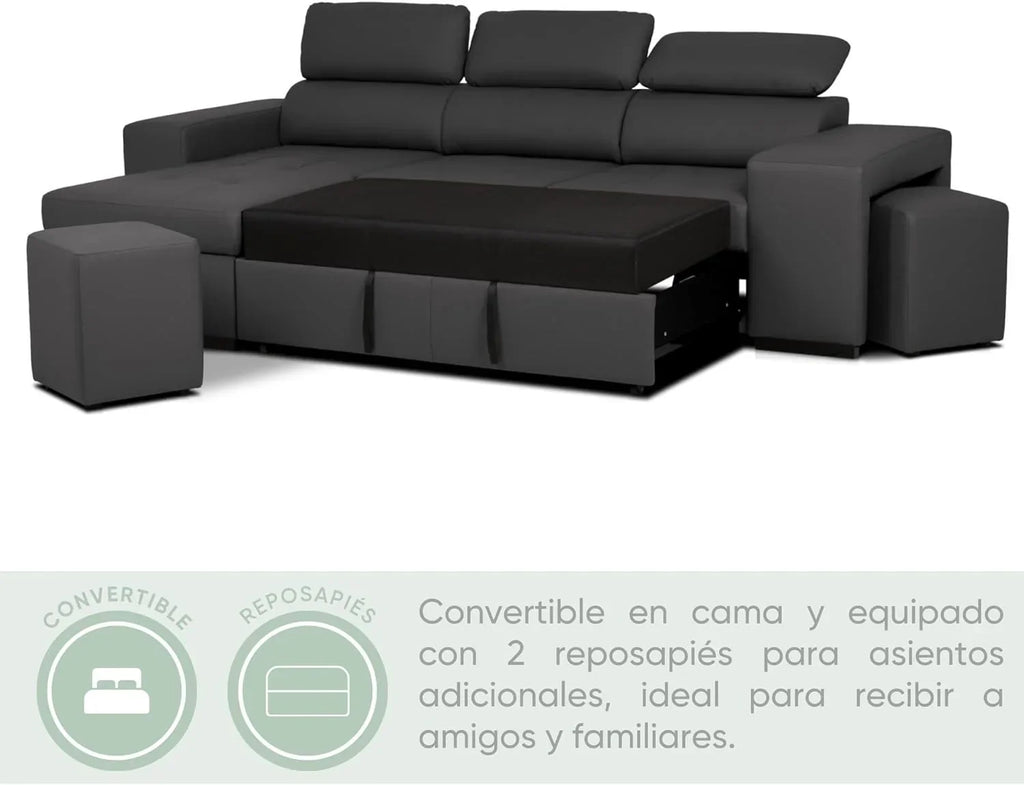 BUDWING John Narożna Sofa Rozkładana 4-osobowa - Odwracalny Szezlong, Regulowany Zagłówek i 2 Pufy – Tapicerka Poliuretanowa – Styl Nowoczesny – 263x161x96 cm – Czarna