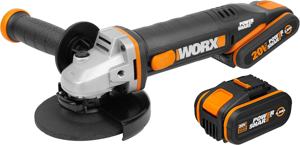 WORX | Szlifierka kątowa 125 mm 20 V | PowerShare | WX803 | W zestawie 2 akumulatory 2 Ah i 4 Ah | Blokada wrzeciona | Przełącznik boczny | Beznarzędziowy system szybkiej regulacji | Uchwyt pomocniczy