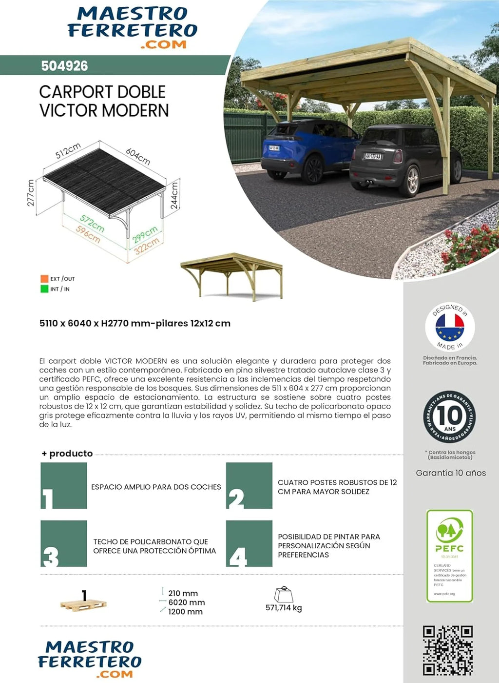 Forest Style - Podwójna Wiata Garażowa Victor Modern 30,9 m² (6,02 x 5,11 x 2,52 m) – Drewno Sosnowe Impregnowane – Dach Poliwęglanowy – Zadaszone Miejsce Parkingowe na 2 Samochody – Solidna i Trwała Konstrukcja
