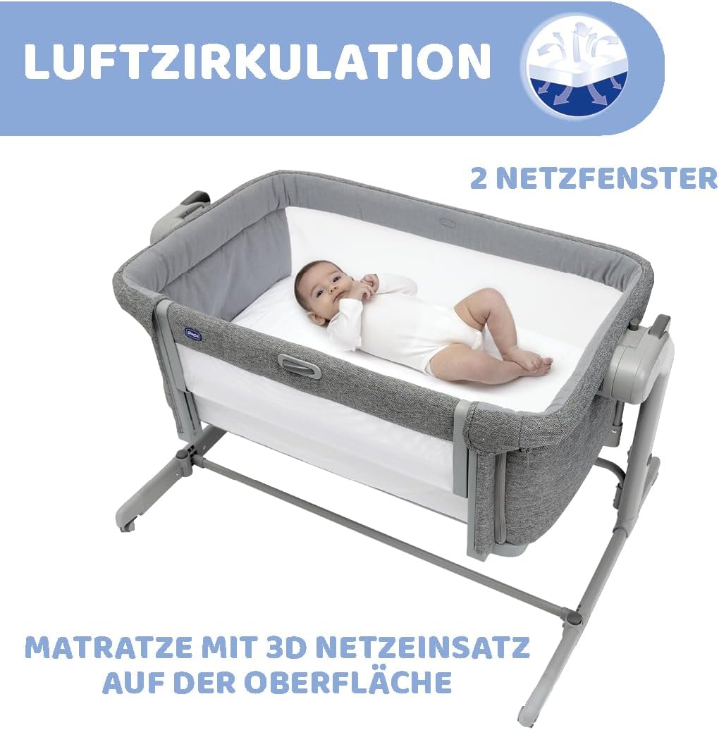 Chicco Next2Me Magic Evo Łóżko boczne łóżeczka dziecięcego z trybem huśtania, odchylanym oparciem, 11 poziomami wysokości, regulowaną wysokością, 4 kółkami, z materacem i torbą podróżną, beżowe