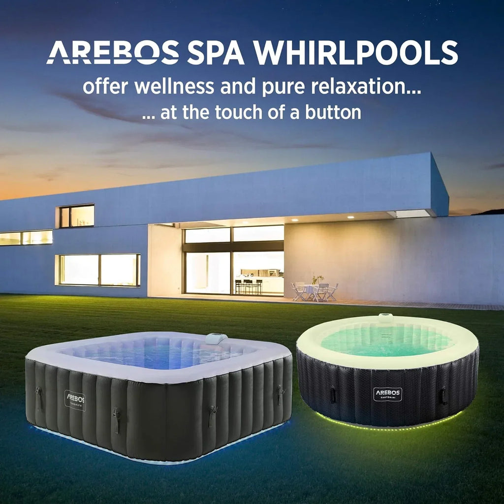 Dmuchane spa Arebos | Jacuzzi | 185 x 185 cm | dla 6 osób | świecąca taśma LED | 130 dysz masujących | 910 litrów | w zestawie pokrywa | masaż bąbelkowy i relaks