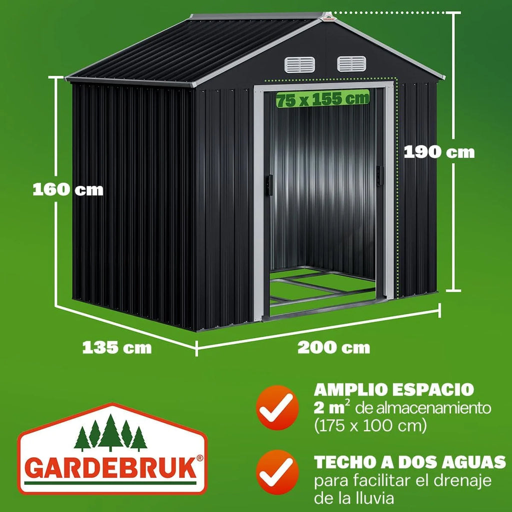 GARDEBRUK® Szopa Ogrodowa 2 m² 196x132x188cm Metalowa Szopa Zewnętrzna 4m³ z Podstawą Drzwi Przesuwne Antracyt