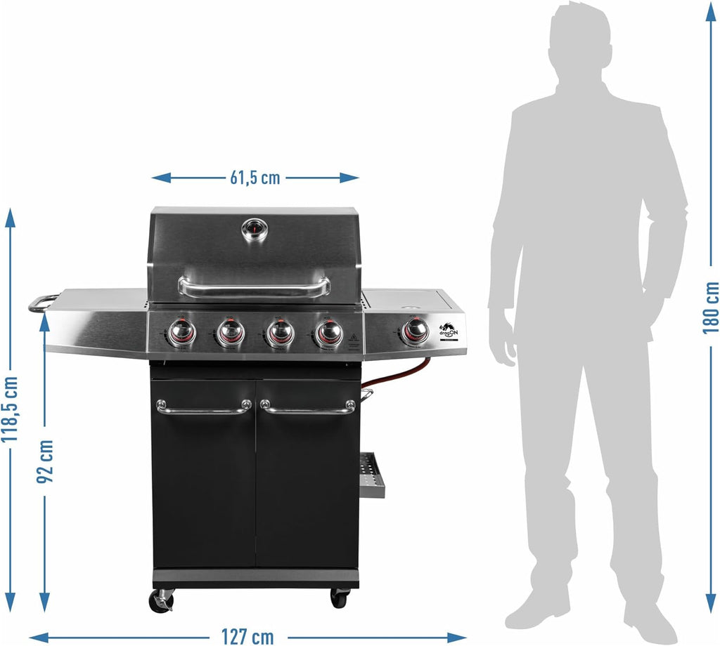 BROWIN® dragON BBQ101 | Grill Gazowy | BBQ | Wielofunkcyjny | Stal nierdzewna | Grill na 4 kółkach | 4 Palniki Główne | Palnik Boczny | 60 x 36,5 cm | 11,7 kW | Czarno-Srebrny