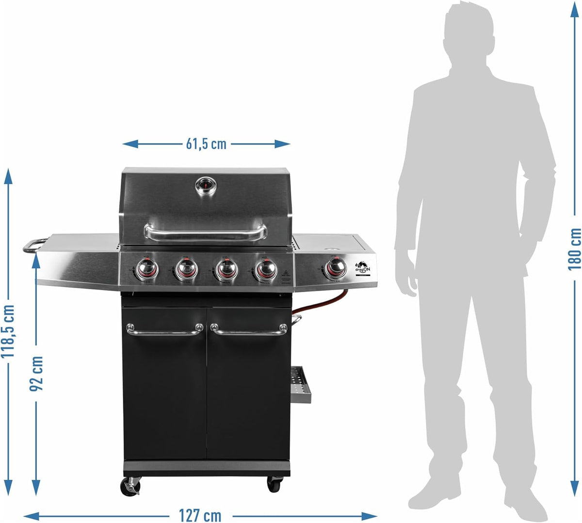 BROWIN® dragON BBQ101 | Grill Gazowy | BBQ | Wielofunkcyjny | Stal nierdzewna | Grill na 4 kółkach | 4 Palniki Główne | Palnik Boczny | 60 x 36,5 cm | 11,7 kW | Czarno-Srebrny