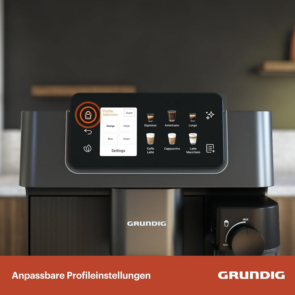 Grundig KVA 7230 ekspres do kawy, 10 specjałów do kawy, 13 stopni mielenia, pojemnik na mleko, wydajny 1350 W, ciśnienie pompy 19 bar, podwójna dysza, oświetlenie, czarny/ciemny srebrny