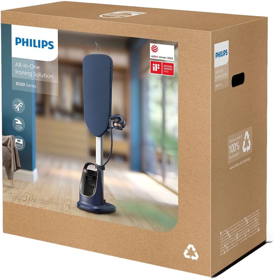 Philips All-in-One Zestaw do Prasowania 8500 – Deska z Regulacją Kąta, Technologia OptimalTEMP, Odłączana Podstawa, Zabija 99,9% Bakterii i Roztoczy, Ciemnoniebieski (AIS8530/20)