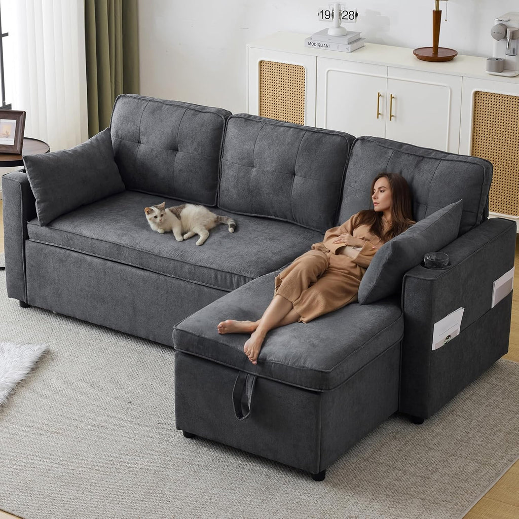 Trzyosobowa rozkładana sofa z uchwytami na kubki i boczną torbą na poręcz, sofa w kształcie litery L, z możliwością zmiany układu na prawą i lewą stronę, kolor szary