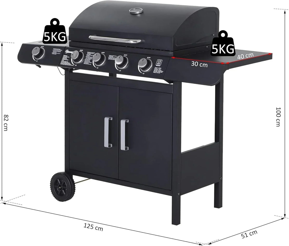 Outsunny grill gazowy z 4+1 palnikami 14,4 kW, stolikami bocznymi, szafką do przechowywania, termometrem i 2 kółkami, grill ze stali nierdzewnej 125 x 51 x 100 cm, czarny
