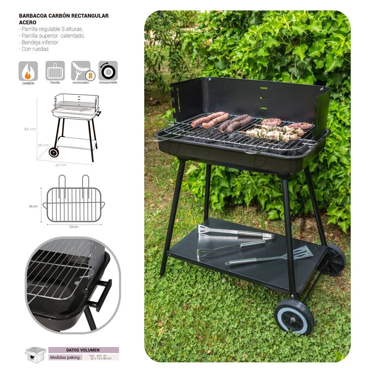 Grill węglowy Lolahome ze stalowym rusztem, 57x38x80 cm, czarny