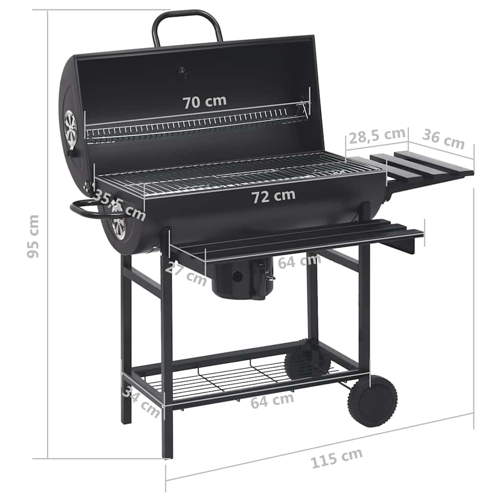 2026 Grill z kółkami i półkami, czarny, stal, 115 x 85 x 95 cm, grill ogrodowy