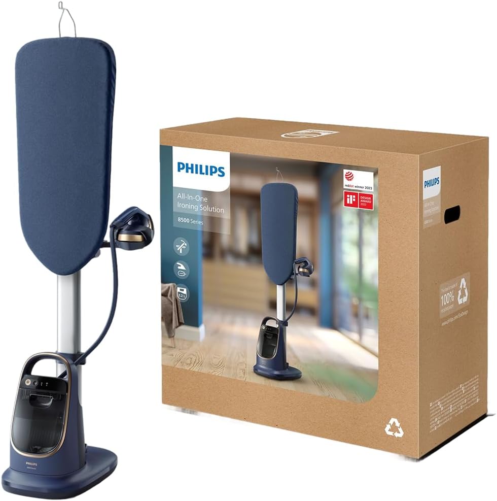 Philips All-in-One Zestaw do Prasowania 8500 – Deska z Regulacją Kąta, Technologia OptimalTEMP, Odłączana Podstawa, Zabija 99,9% Bakterii i Roztoczy, Ciemnoniebieski (AIS8530/20)