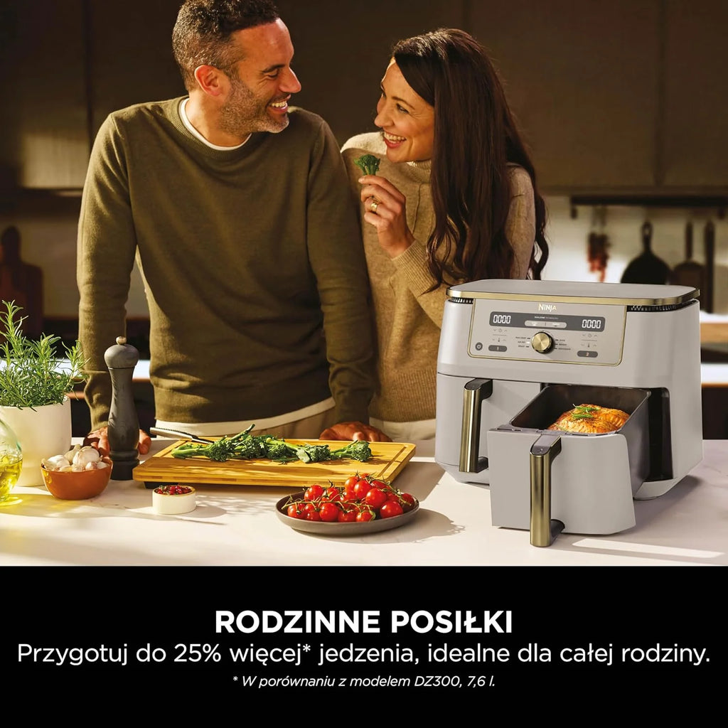 Ninja MAX Dwustrefowa frytownica, 2 szuflady, 9,5 l, zero oleju, Air Fry, Max Crisp, Roast, Bake, Reheat, Dehydrate, nieprzywierające kosze do mycia w zmywarce, Złoty odcień kamienia, DZ400EUSTGD