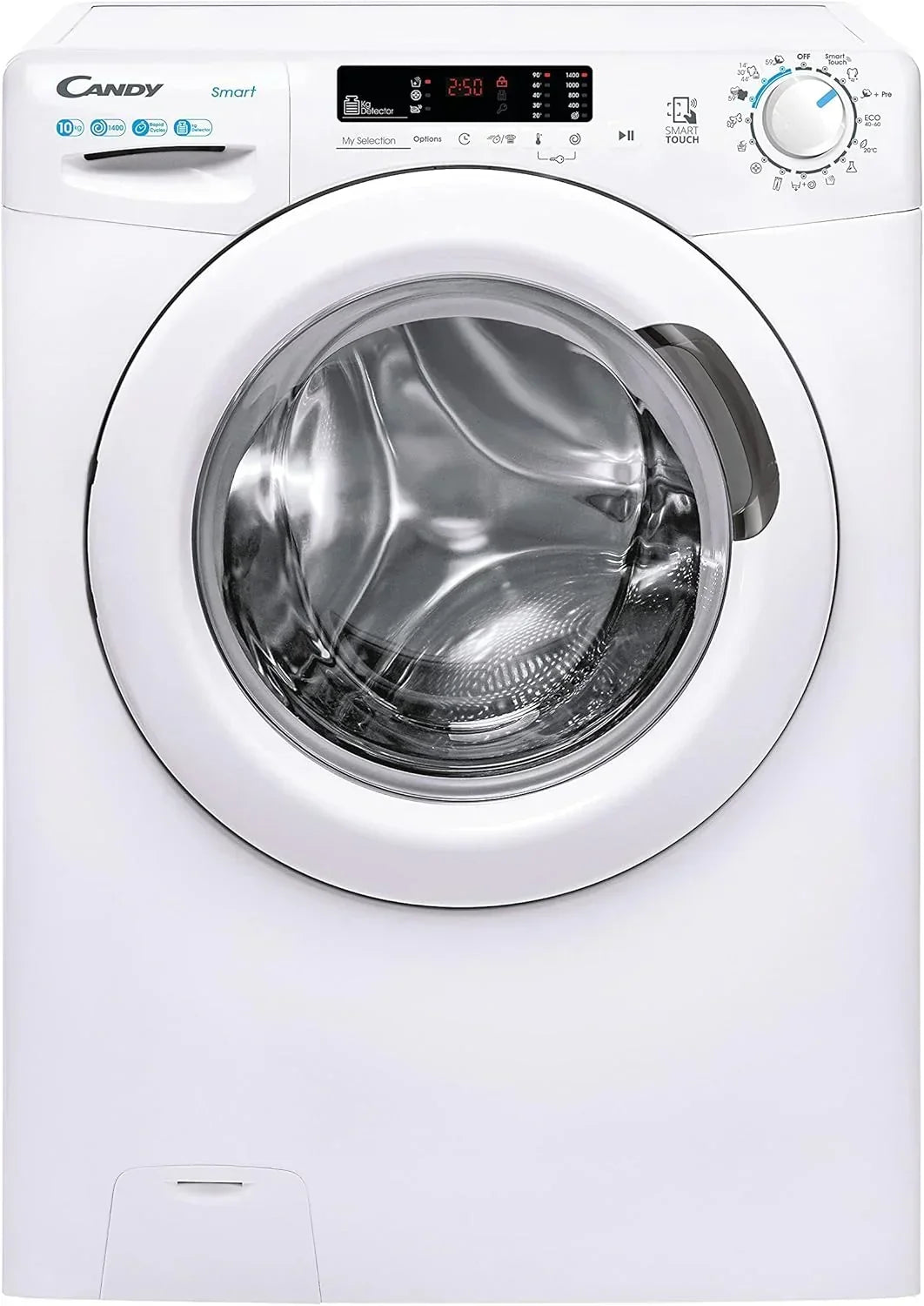 Candy Smart CS 14102DE/1-S, Pralka 10 kg, 1400 obr./min, Cyfrowy wyświetlacz i sterowanie, Technologia NFC, Asystent głosowy, 15 programów, 5 szybkich, Łatwe prasowanie, Opóźnienie startu 24H, Czujnik KG, 81 DB, Biała