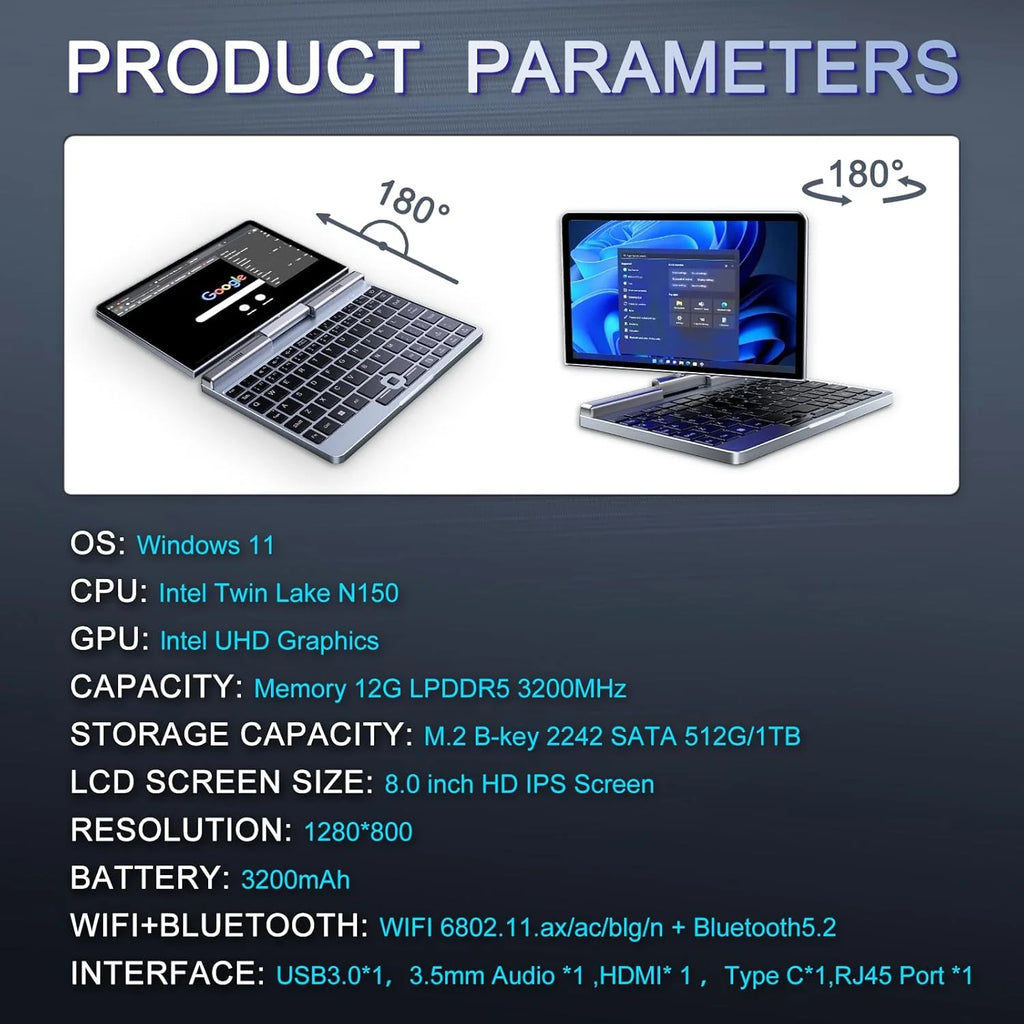 Mini Laptop 8" 2 w 1, Laptop z Win 11, N150 (do 3.6 GHz), 12 GB RAM 1 TB SSD, Ekran Dotykowy HD, Podświetlana Klawiatura, Wi-Fi 6, USB-C, Lekki i Przenośny Komputer dla