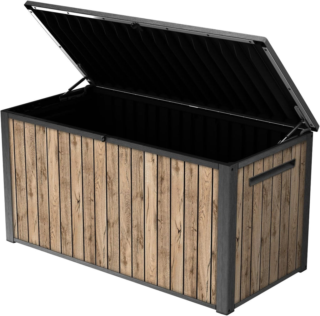 Keter Skrzynia ogrodowa Sierra 643L, 144 x 67 x 73 cm, tworzywo sztuczne imitujące drewno (sosna), pokrywa z siłownikami gazowymi, zamykana
