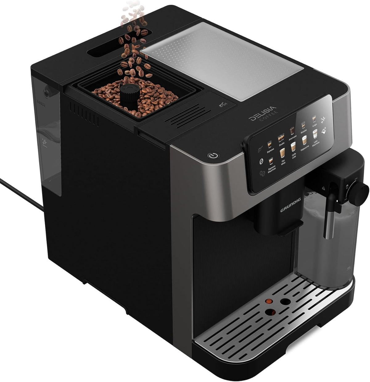 Grundig KVA 7230 ekspres do kawy, 10 specjałów do kawy, 13 stopni mielenia, pojemnik na mleko, wydajny 1350 W, ciśnienie pompy 19 bar, podwójna dysza, oświetlenie, czarny/ciemny srebrny