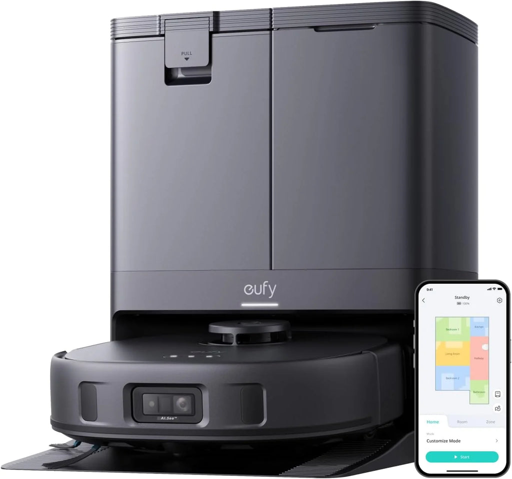 eufy X10 Pro Omni Robot Odkurzacz z Automatycznym Opróżnianiem i Obrotowymi Mopami, Podwójne Mopy z Automatycznym Podnoszeniem 12 mm, Wykrywanie Dywanów, AI Omijanie Przeszkód, Automatyczne Mycie i Suszenie, Czarny