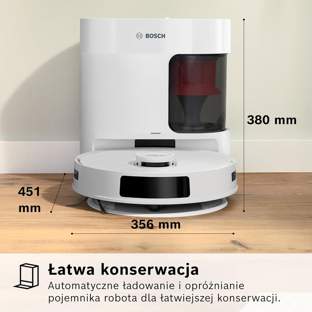 Bosch Spotless+ Robot sprzątający z funkcją mopowania, moc ssania 11 000 Pa, statyczna nakładka mopującą, stacja czyszczącą, nawigacją Smart Vision, aplikacja Bosch Home Connect, BCRD1W, biały