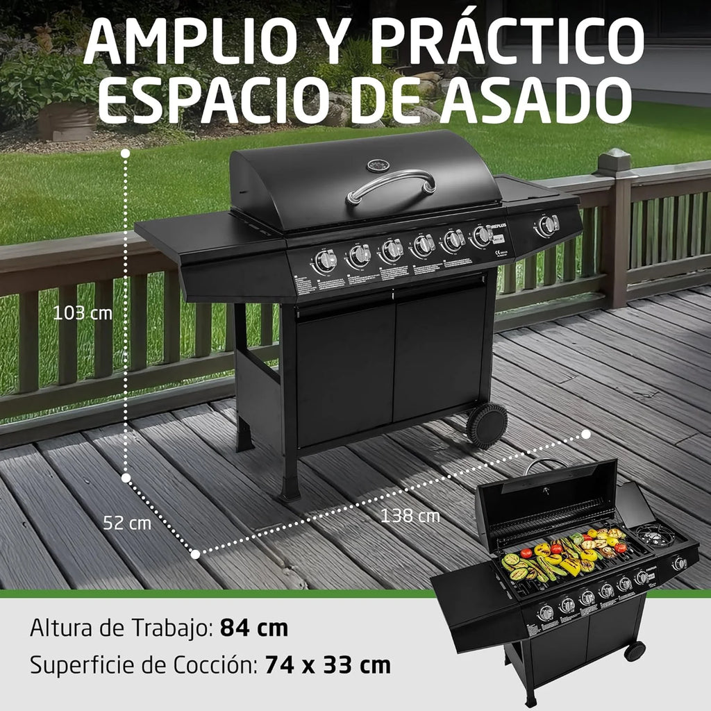 Amig - Grill gazowy Fireplus 6+1 o mocy 12,9 kW - Czarna stal nierdzewna - Ruszt na kółkach Model GRILL-6F - Grill XXL z wózkiem i termometrem - 138x52x103 cm - 7 palników i boczna półka