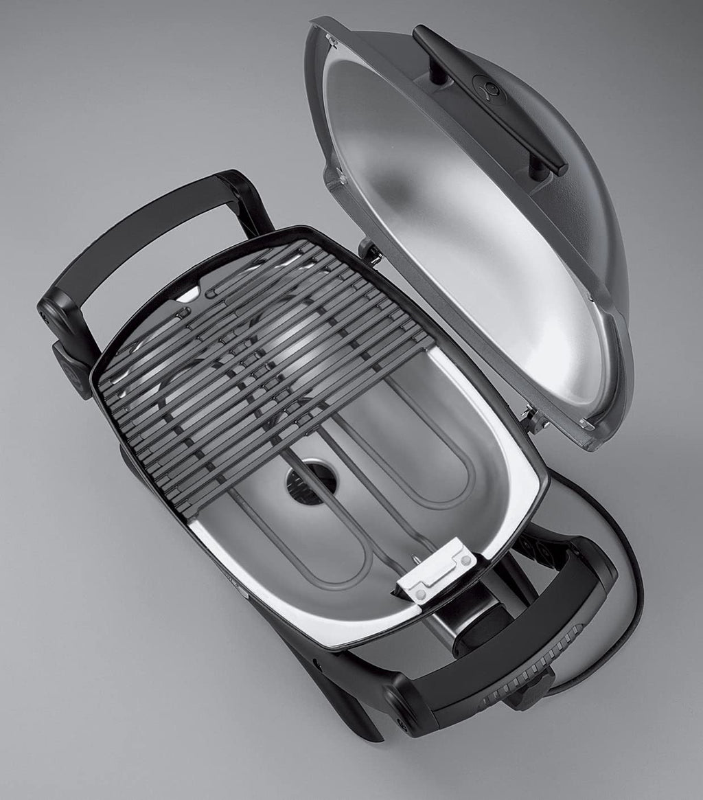 Weber Q1400 Elektryczny Grill, powierzchnia grillowania 43 x 32 cm, przenośny BBQ Grill,2-częściowy żeliwny ruszt pokryty emalią porcelanową, pokrywa i obudowa aluminiowa - Ciemnoszary (52020079)