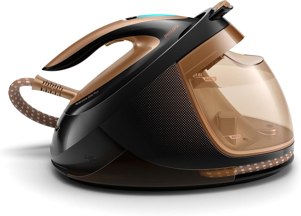 Philips PerfectCare Elite Plus Żelazko z generatorem pary, Podeszwa Żelazna T-Ionicglide, 2700 W, 1,8 L, Ciśnienie do 8 barów, Technologia OptimalTemp, Tryb ECO, Czarny-Miedziany (GC9682/80)