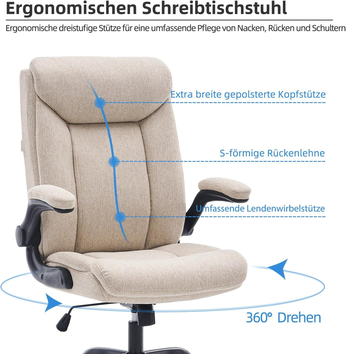 Ergonomiczne krzesło biurowe, krzesło do komputera, obrotowe krzesło robocze ze składanym podłokietnikami, regulacja wysokości, wygodne, do biura, domu, gier (szary materiał) (Czarny)