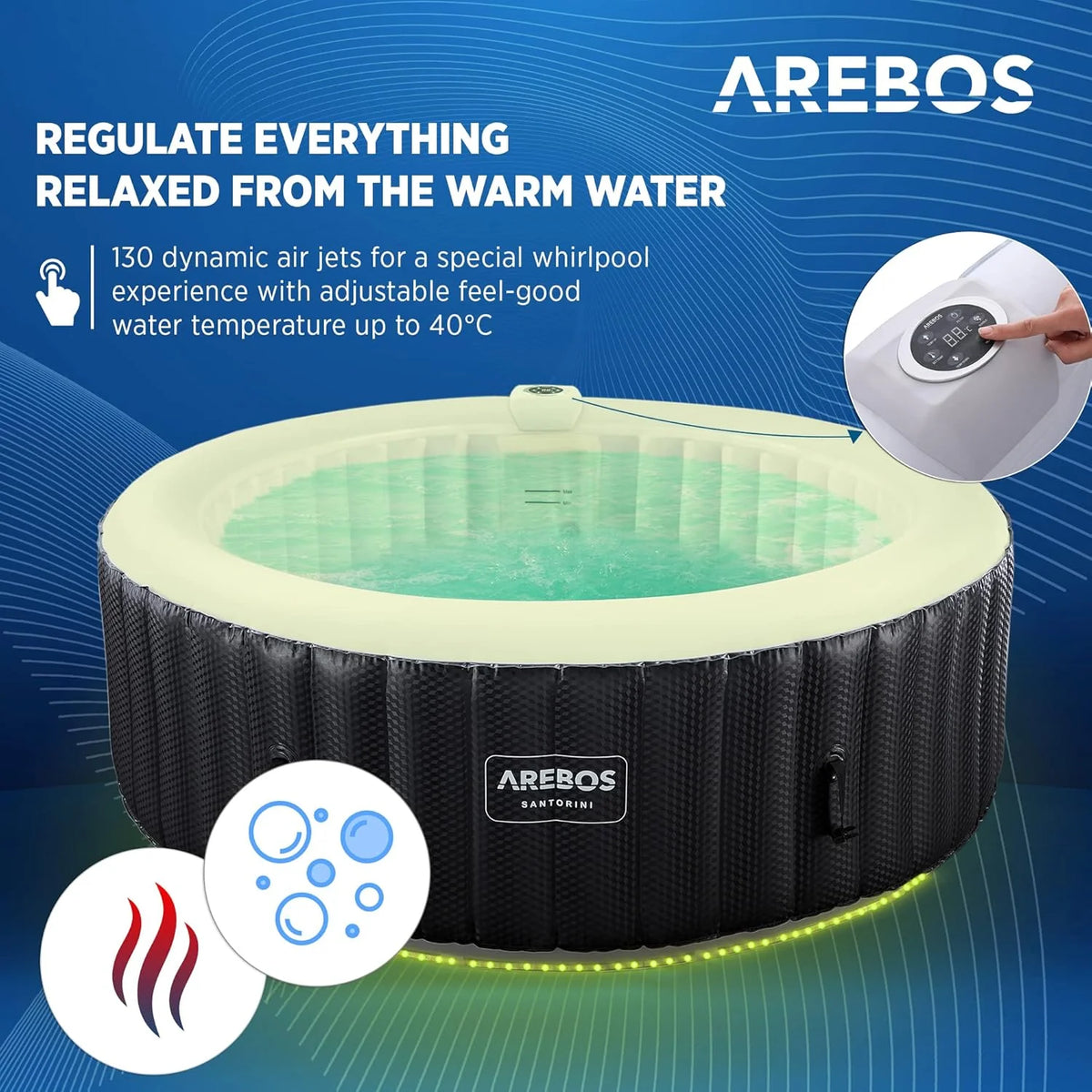 Arebos Nadmuchiwane SPA | Automatyczne pompowanie | Do użytku wewnątrz i na zewnątrz | Ø 208 cm | 6 osób | Taśma świetlna LED | 130 dysz masujących | 1000 L | Pokrywa w zestawie | Bubble SPA i masaż wellness
