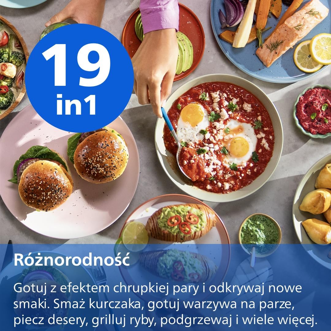 Philips Ovi Dual Basket z parą - Wyjątkowe funkcje gotowania Steamfry, Gotowania na parze, Airfry - 19 sposobów gotowania; pojemność 9L (3L + 6L), RapidAir Plus, automatyczne SteamClean (NA550/00)