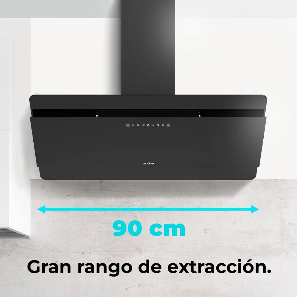 Okap dekoracyjny Cecotec 90 cm Flux Dt 908000 Glass Black A++. Czarne szkło, moc 800m3/h, silnik 210W, A++, sterowanie dotykowe, 3 poziomy + booster, sterowanie ruchem ręki