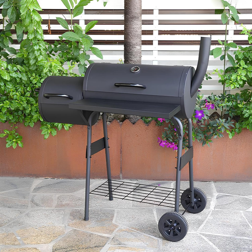 XXL grill na węgiel drzewny, przenośny, do użytku na zewnątrz, z pokrywką, offset, grill z kółkami i termometrem, idealny na piknik, do ogrodu, na kemping i tylną klapę