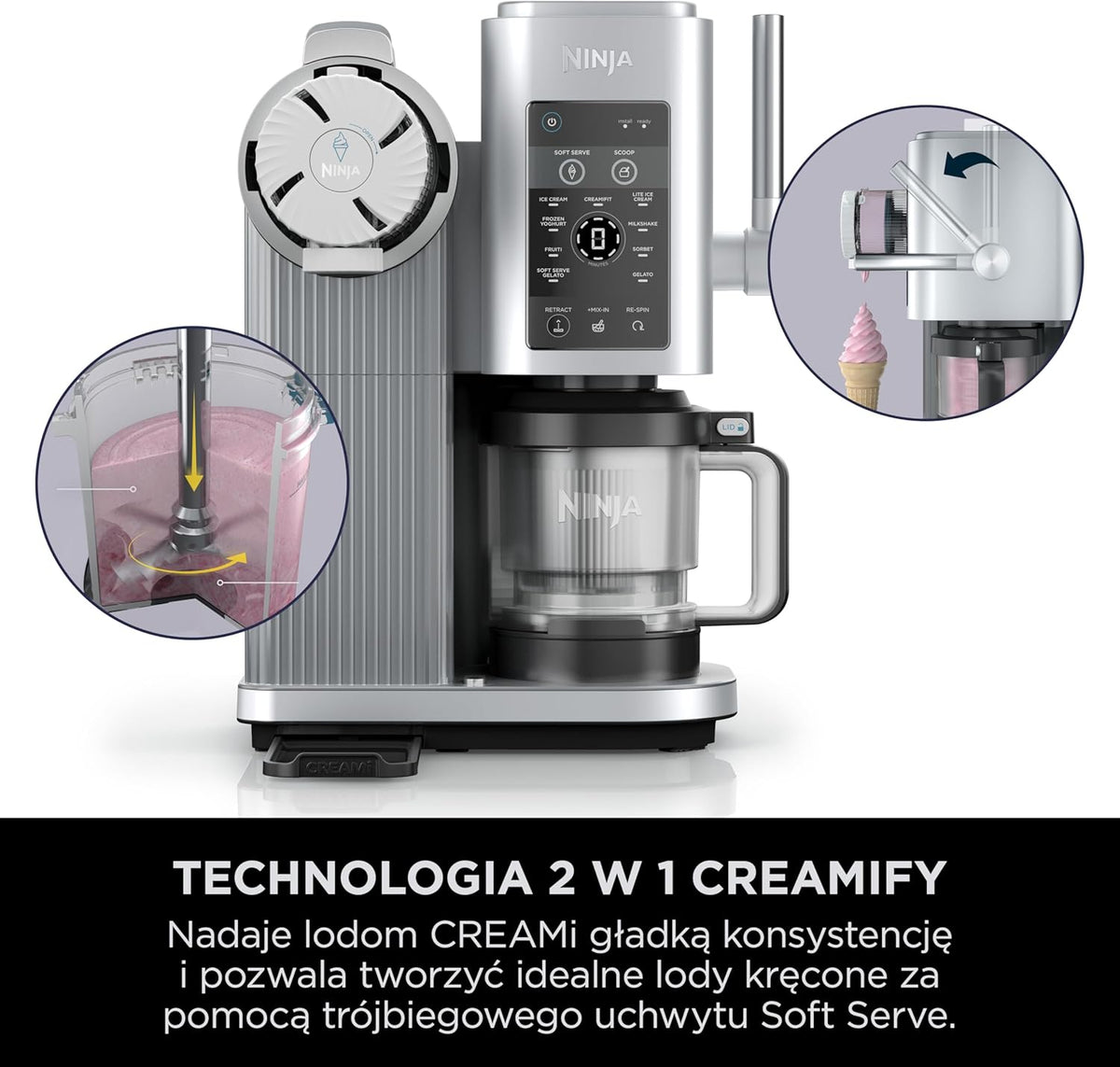Ninja CREAMI Scoop & Swirl maszynka do lodów z 2 pojemnikami, 13 funkcji, przygotowuje lody, lody włoskie, gelato, sorbety, koktajle mleczne i inne desery, opcja dodatków, Srebrny, NC701EU
