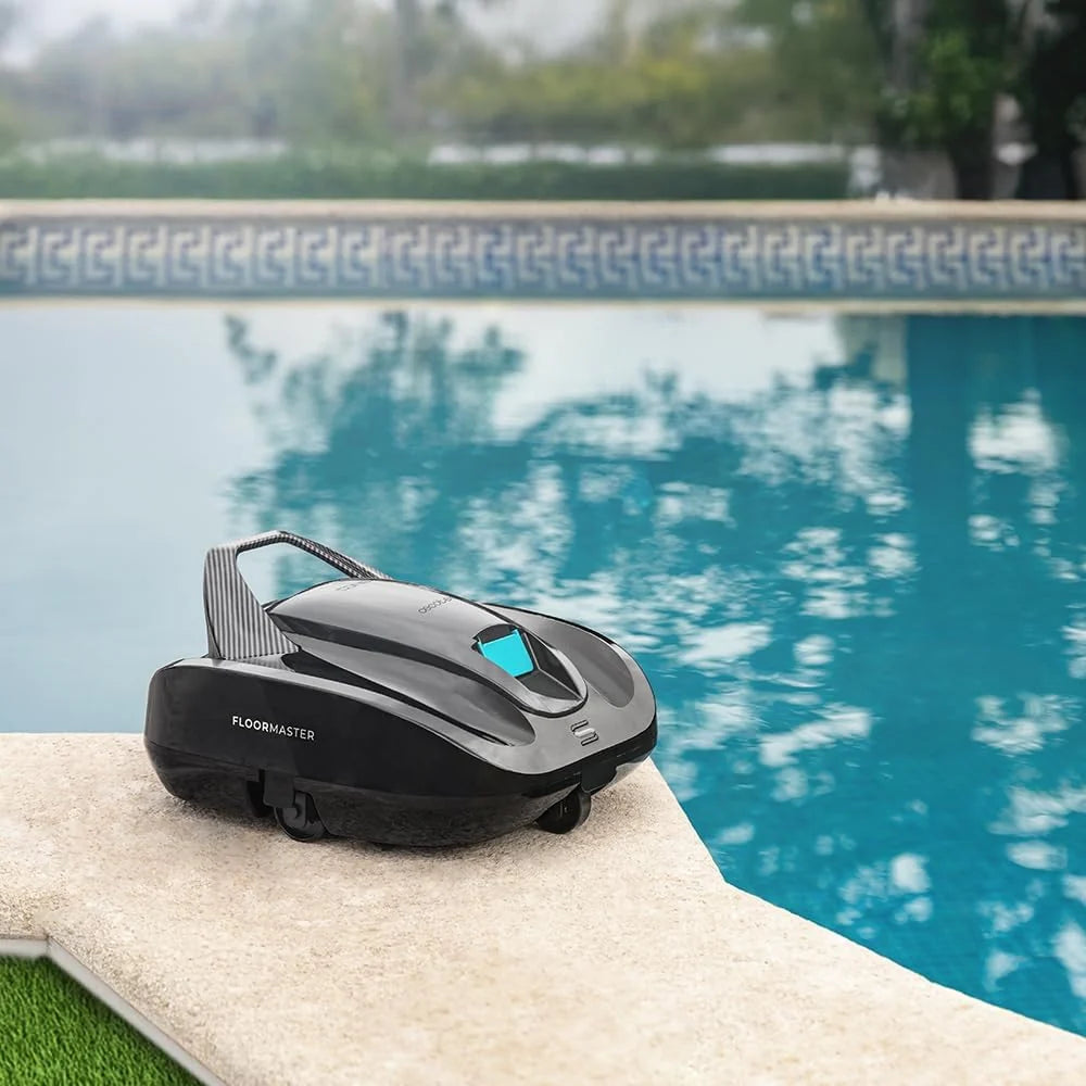 Robot czyszczący basen Cecotec bezprzewodowy Conga Pooldroid 2000 FloorMaster. Czas pracy 100 min, basen bez spadków, do 80 m², maksymalna głębokość 2,5 m, pojemność 2,5 l, filtr o wysokiej wydajności