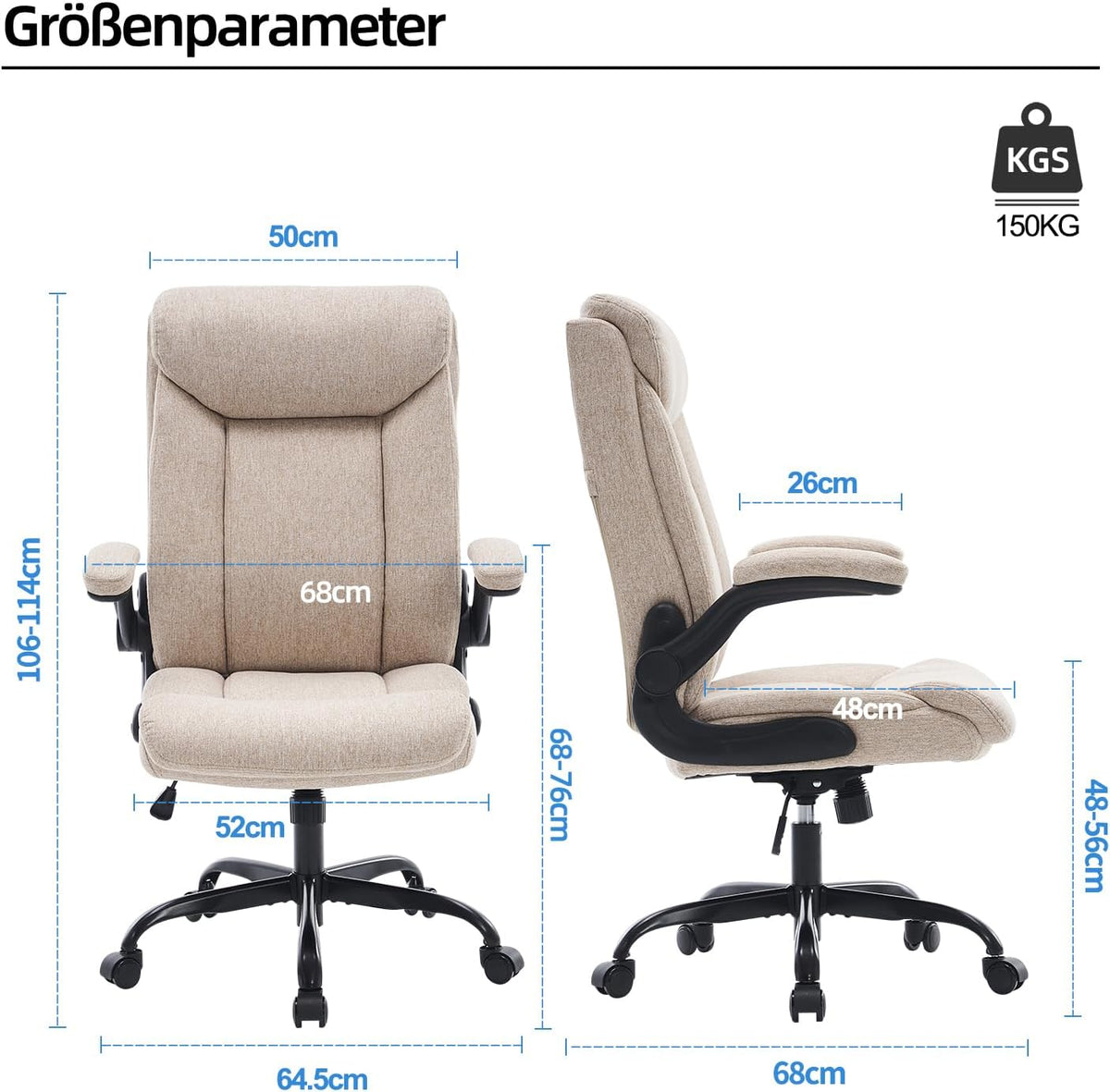 Ergonomiczne krzesło biurowe, krzesło do komputera, obrotowe krzesło robocze ze składanym podłokietnikami, regulacja wysokości, wygodne, do biura, domu, gier (szary materiał) (Czarny)