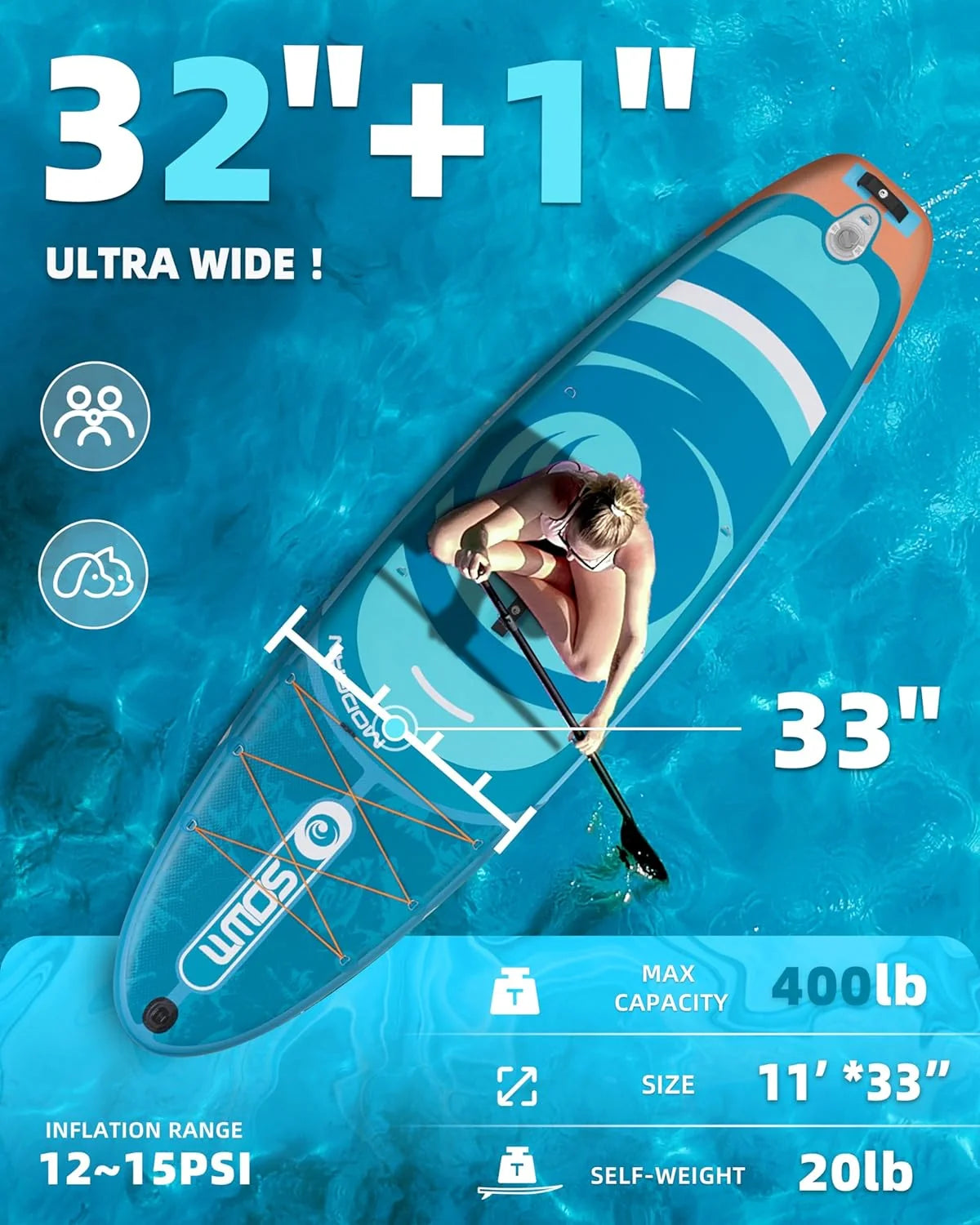 Nadmuchiwana deska SUP 320 cm z najwyższej jakości akcesoriami, regulowane wiosło, pompka ręczna, plecak transportowy. 320 x 84 x 15 cm, nośność do 158 kg