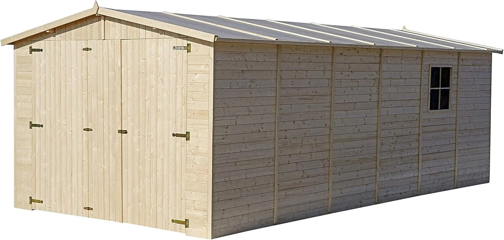 Garaż drewniany naturalny - szopa z drewna sosnowego/świerkowego - A222x616x324 cm / 18 m² - Konstrukcja panelowa - Warsztat ogrodowy - Garaż samochodowy, szopa na narzędzia - TIMBELA M102