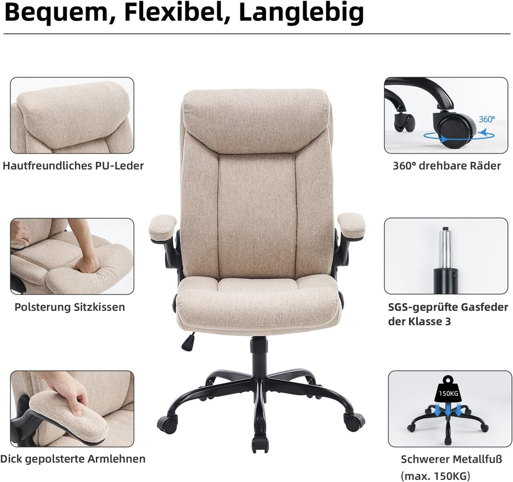 Ergonomiczne krzesło biurowe, krzesło do komputera, obrotowe krzesło robocze ze składanym podłokietnikami, regulacja wysokości, wygodne, do biura, domu, gier (szary materiał) (Czarny)