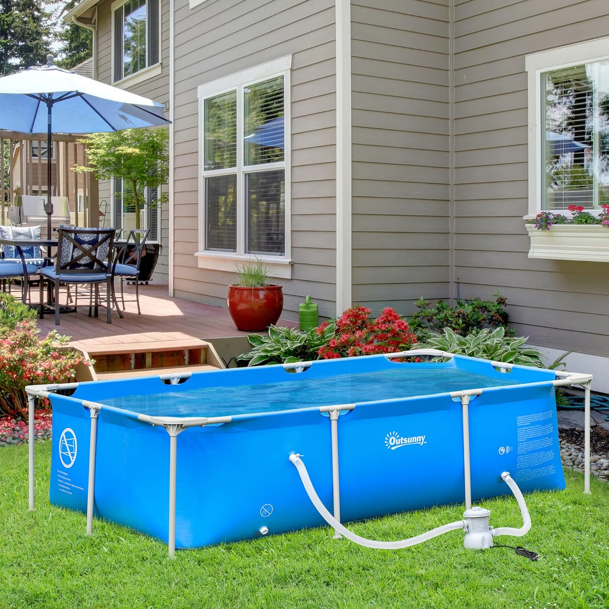 Outsunny Basen Rozporowy 252x152x65 cm z Pompą Filtrującą 1200L/H Prostokątny Basen Ogrodowy dla Dorosłych i Dzieci 2163L Niebieski
