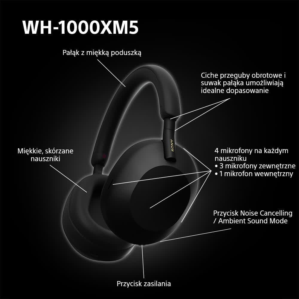 Sony WH-1000XM5 ANC Bezprzewodowe Słuchawki Nauszne z Redukcją Hałasu, Bluetooth, Clear Call Quality, Hi-Res, Do 30H Baterii, Szybkie Ładowanie, Alexa i Google Assistant, IOS i Android - Czarne
