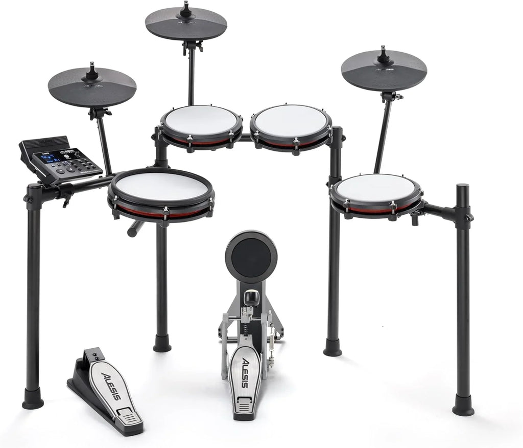 Alesis Nitro Max Kit – Elektroniczna perkusja z cichymi naciągami siateczkowymi, dwustrefowym padem werbla 10", Bluetooth, 440+ autentycznych brzmień, lekcjami Drumeo, USB MIDI, pedałem stopy
