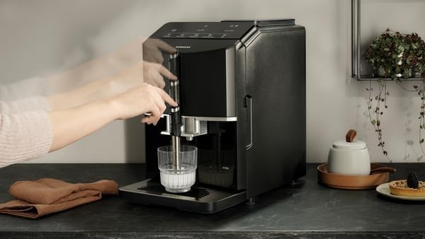 Siemens EQ300 TF301E19 automatyczny ekspres do kawy, spieniacz do mleka, ceramiczny mechanizm mielący, funkcja OneTouch, 1300 W, kolor czarny