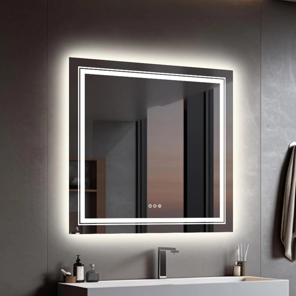 LUVODI Kwadratowe lustro łazienkowe LED: 80x80 cm, lustro łazienkowe ścienne z podświetleniem LED, bezramowe, z podwójnym źródłem światła LED, inteligentnym włącznikiem dotykowym, bez zaparowania, do makijażu, do łazienki, nad umywalkę