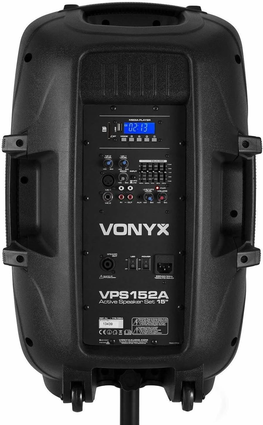 Vonyx VPS152A Aktywny zestaw głośnikowy (2 szt.) 1000 W, przenośny, aktywny/pasywny, Bluetooth, 15 cali, mikrofon przewodowy, pilot, statywy, odtwarzacz MP3 z USB/SD, diody LED