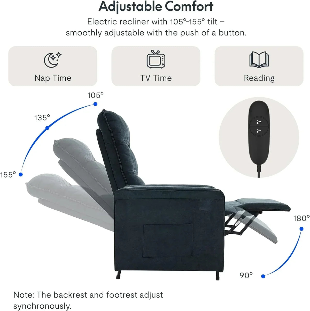 FLEXISPOT Elektryczny Fotel Relaksacyjny z Regulowanym Oparciem, Odchylany od 105° do 155°, Fotel Rozkładany, Ergonomiczna Sofa Relaksacyjna do Sypialni, Salonu i Kina Domowego (Ciemnoszary)