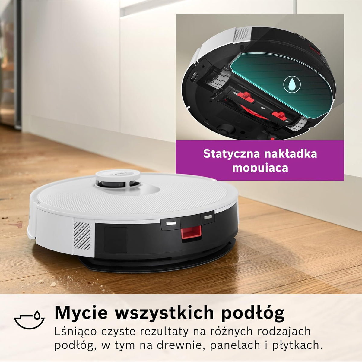 Bosch Spotless+ Robot sprzątający z funkcją mopowania, moc ssania 11 000 Pa, statyczna nakładka mopującą, stacja czyszczącą, nawigacją Smart Vision, aplikacja Bosch Home Connect, BCRD1W, biały