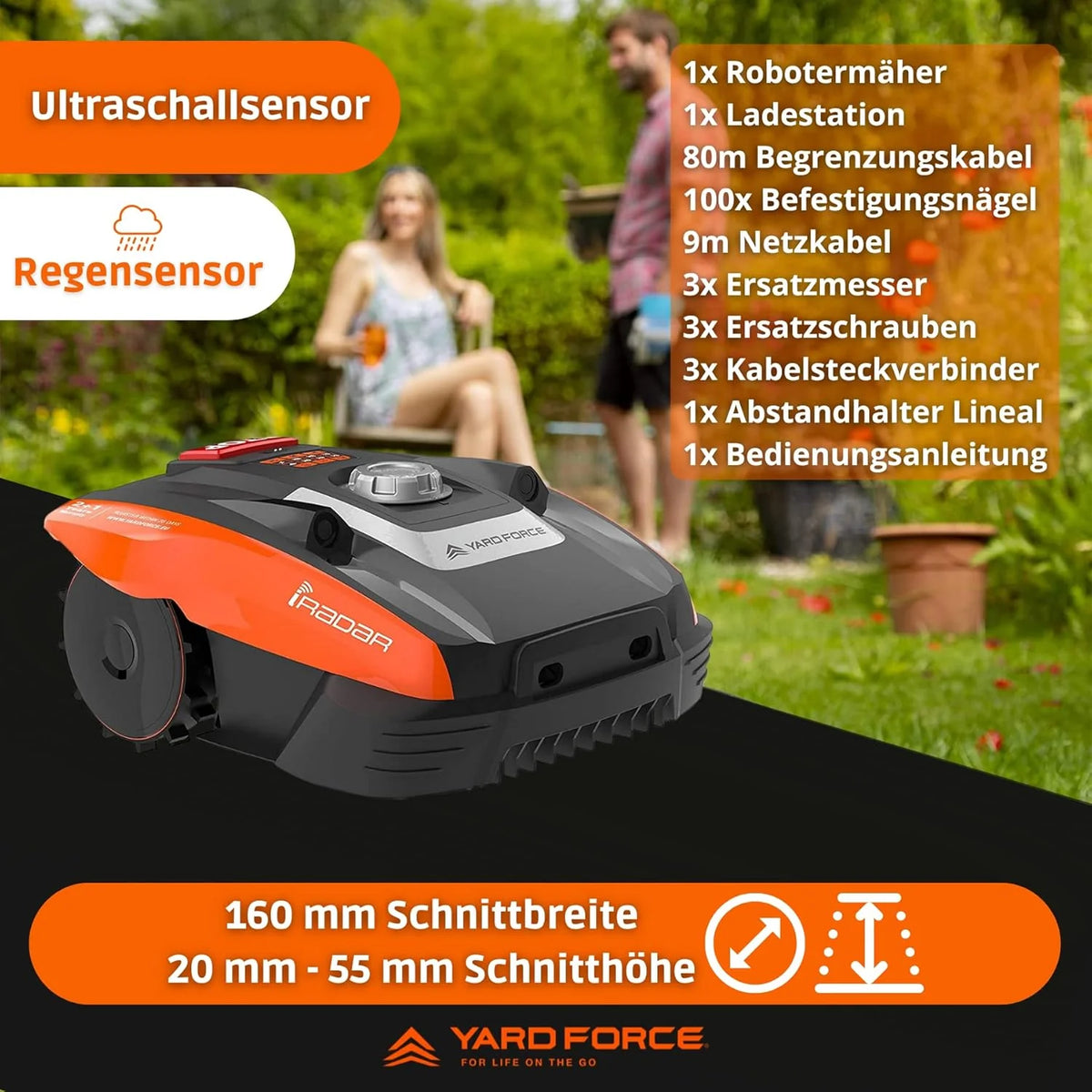 Yard Force Force Compact 300RBS Robot koszący do 300 m² ze sterowaniem Bluetooth i aplikacją, silnik bezszczotkowy, akumulator 20 V/2,0 Ah, czarno-pomarańczowy