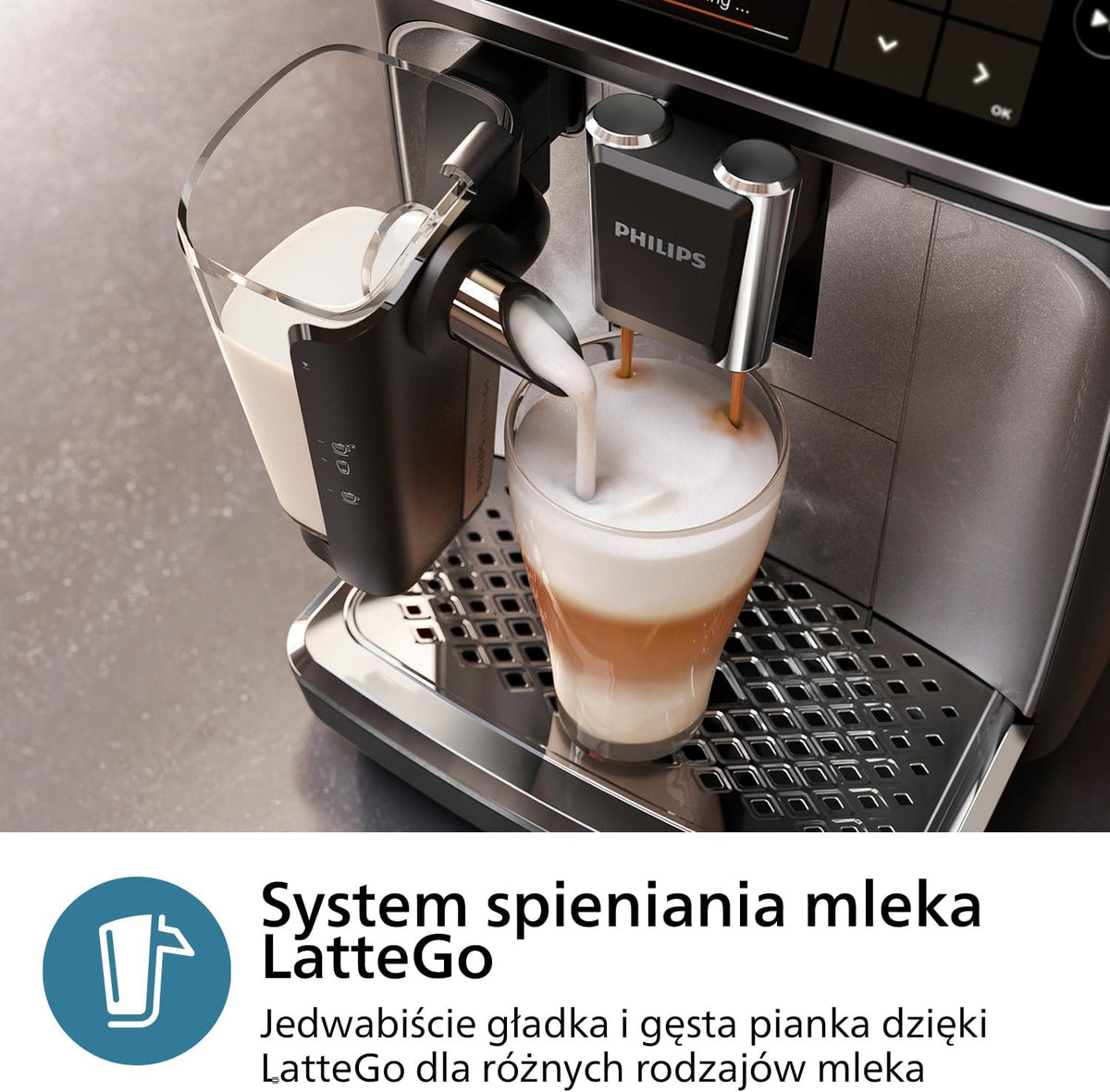 Philips 2200 Series Automatyczny ekspres do kawy - 2 rodzaje kawy, wyświetlacz dotykowy, klasyczny spieniacz do mleka, ceramiczny młynek, matowa czerń (EP2220/10)