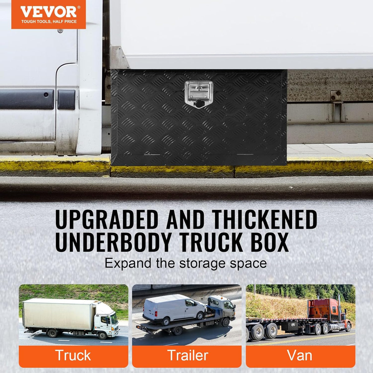 VEVOR Skrzynka Narzędziowa do Samochodu Ciężarowego 914x432x457mm Podramowa Skrzynka Schowek ze Stopu Aluminium Montaż Podwozia z Zamkiem i Kluczami do Przyczep, Samochodów Dostawczych, Czarna