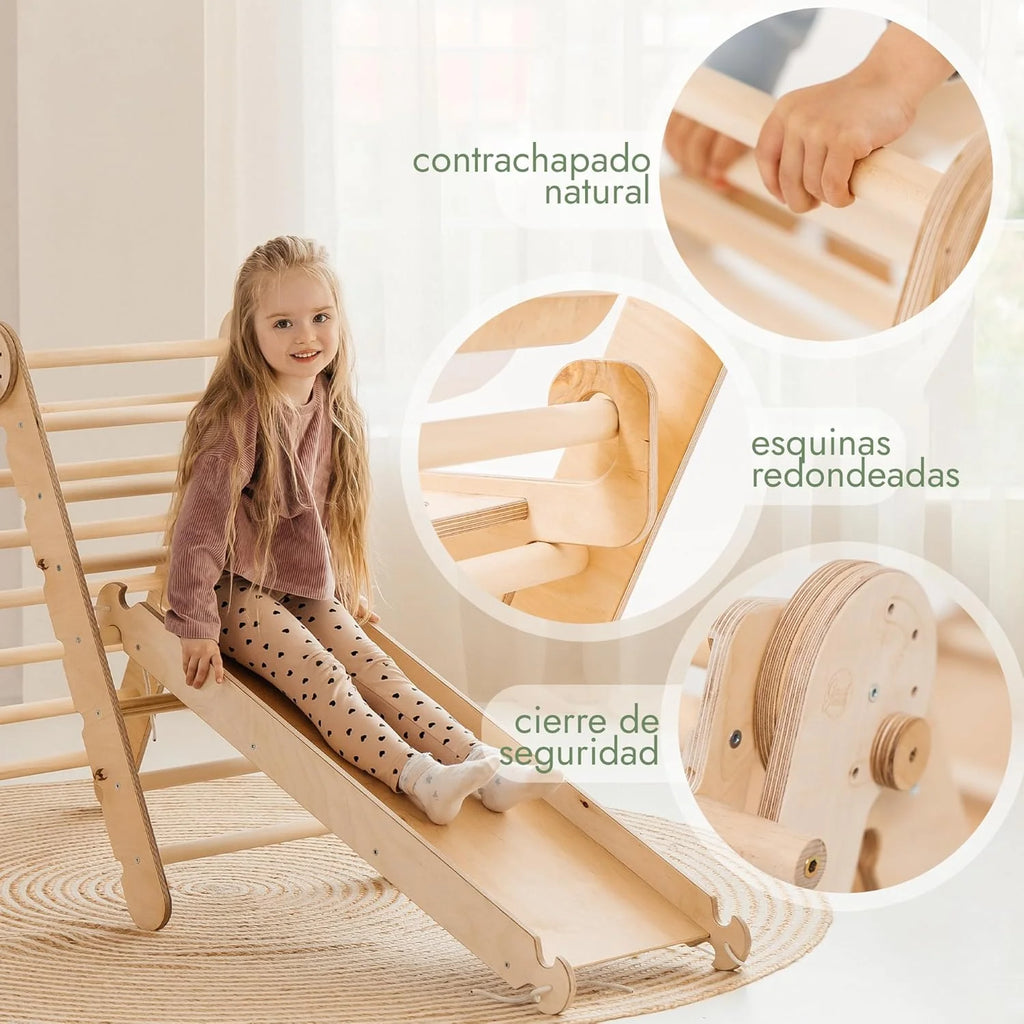 5 w 1 Zestaw Wspinaczkowy Montessori do Pomieszczeń dla Małych Dzieci - Drewniana Siłownia dla Dzieci Trójkątna Drabinka & Łuk & Rampy Wspinaczkowe & Siatka & Poduszka - Drewniana Siłownia dla Małych Dzieci